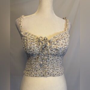 Forever 21 SM WHITE CROP W SKINNY STRAP, BLUE FLORAL, PRINT, TIE DETAIL IN FRONT